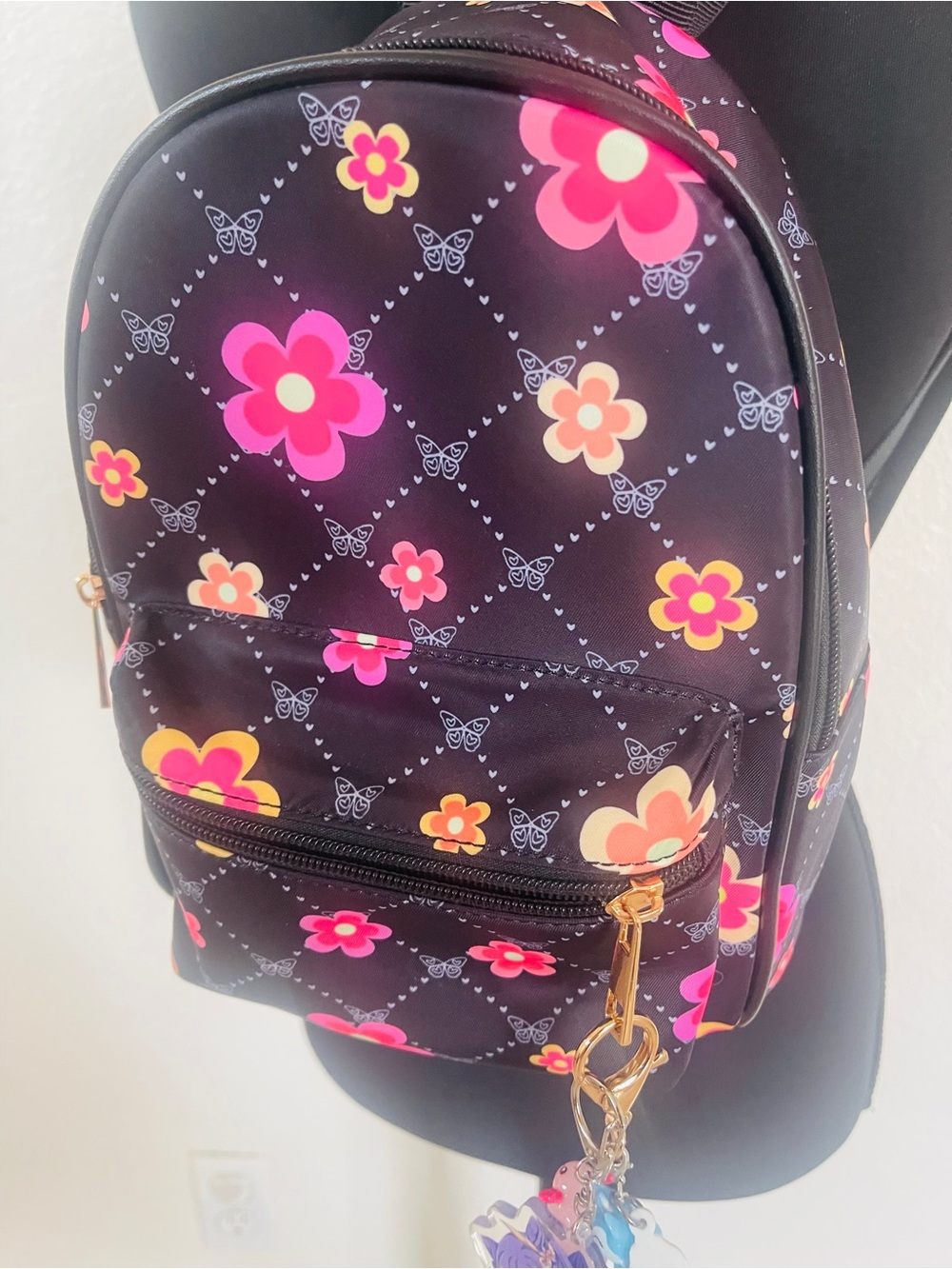 Vintage Floral Mini Backpack - Black with Pink & Yellow Flowers